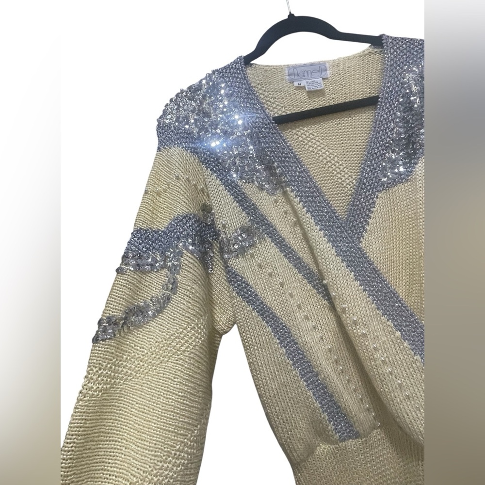 Nannell Vintage 80s Yellow Knit Pearl Sequin Embellished Sweater Size Medium - Picture 3 of 5